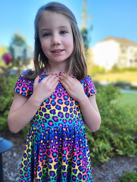 Charlie's Project Rainbow Leopard Short Sleeve Hugs Twirl Dress