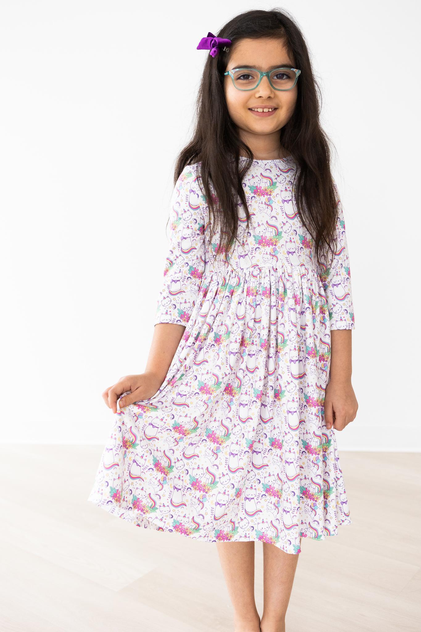 Mila & Rose Rainbow Kitties 3/4 Sleeve Twirl Dress