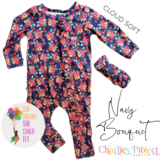 Charlie's Project Navy Bouquet Cloud Soft Ruffle Zippy Baby Romper