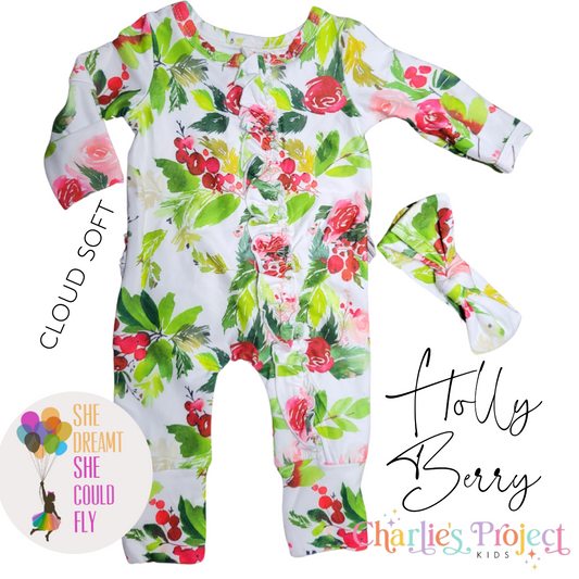 Charlie's Project Holly Berry Cloud Soft Ruffle Zippy Baby Romper with Headband