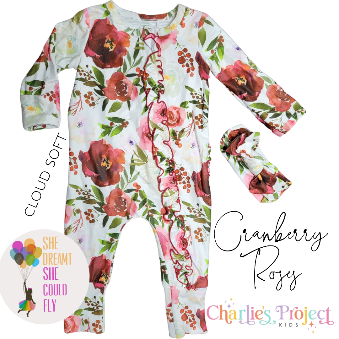 Charlie's Project Cranberry Roses Cloud Soft Ruffle Zippy Baby Romper with Headband