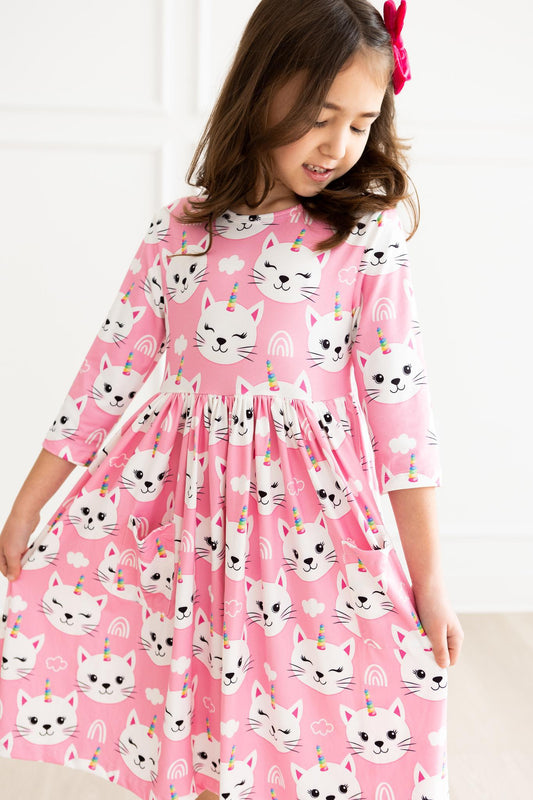 Mila & Rose Unicorn Kitties 3/4 Sleeve Pocket Twirl Dress