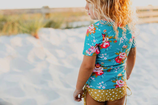 Mustard Teal Floral Rash Guard Two-piece Swimsuit