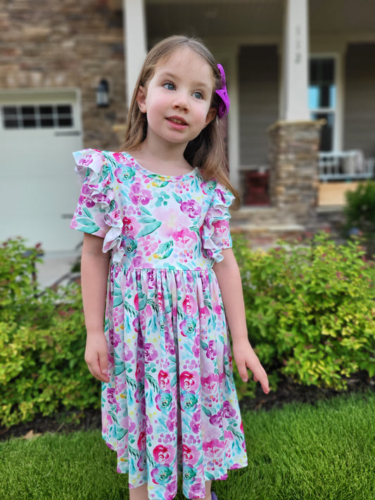 Mila & Rose Watercolor Blooms Short Sleeve Ruffle Twirl Dress