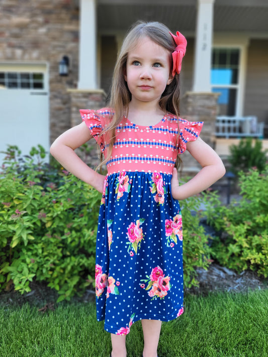 Oopsie Daisy Navy Coral Floral Twirl Dress