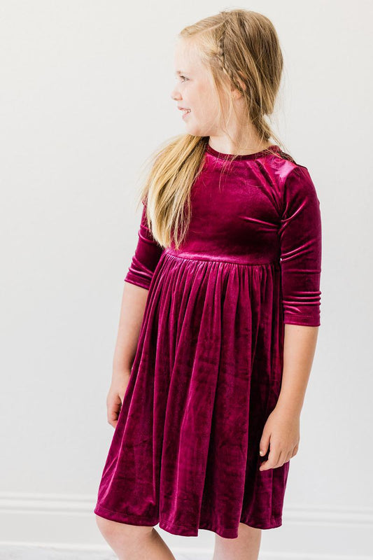 Mila & Rose Cranberry Velvet 3/4 Sleeve Twirl Dress