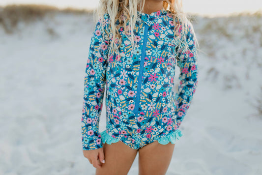 Blue and Pink Tiny Floral Zip Rash Guard One-piece Swimsuit
