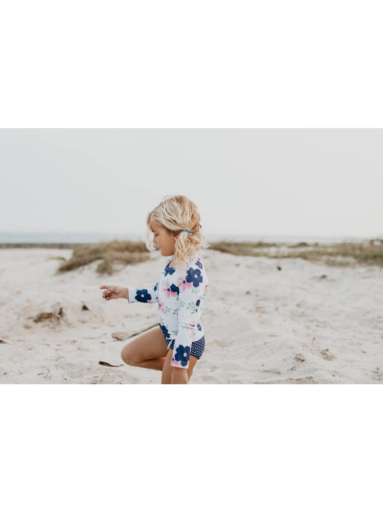 Navy Pink Floral Long-Sleeve Rash Guard Two-piece Swimsuit