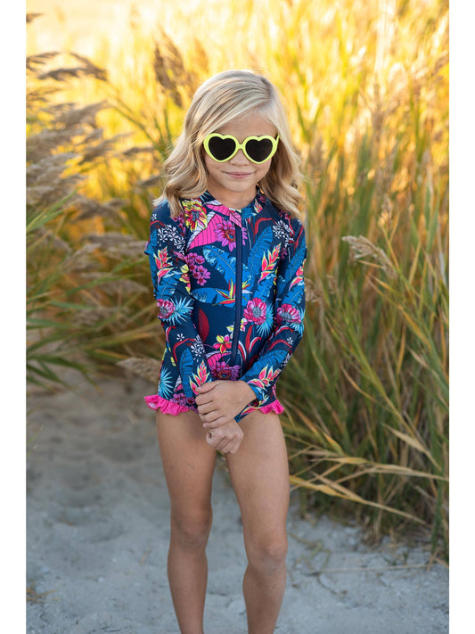 Blue and Pink Tropical Floral Zip Rash Guard One-piece Swimsuit
