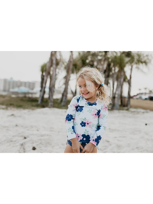 Navy Pink Floral Long-Sleeve Rash Guard Two-piece Swimsuit