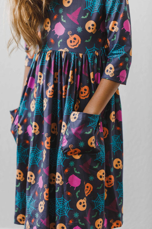 Mila & Rose Skeleton Web 3/4 Sleeve Pocket Twirl Dress