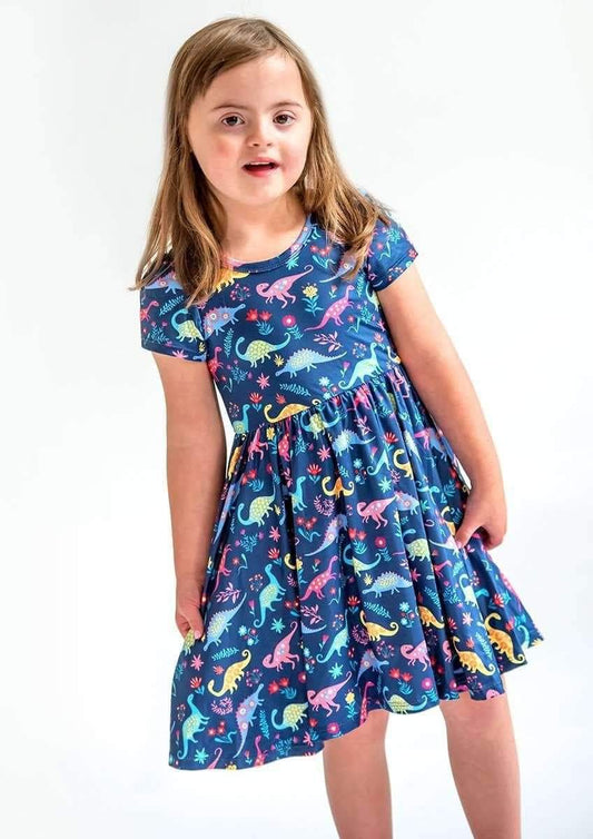 Charlie's Project Color Dino Short Sleeve Hugs Twirl Dress