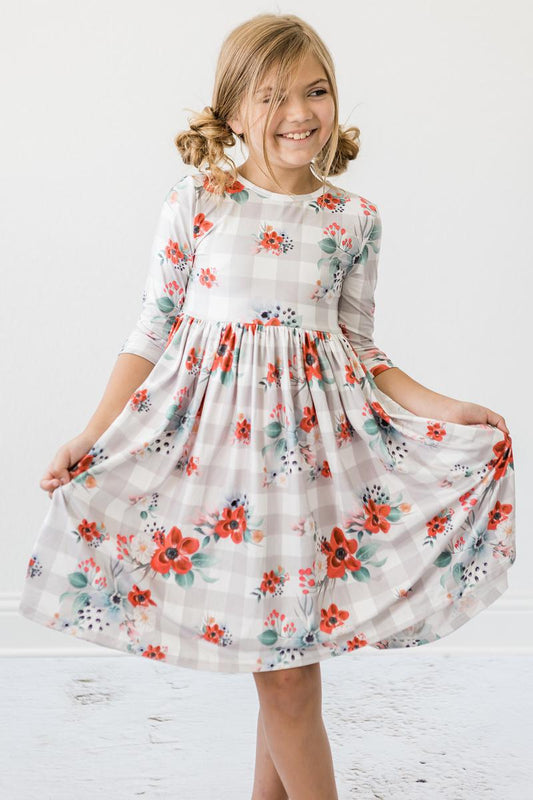 Mila & Rose Gingham Floral 3/4 Sleeve Twirl Dress