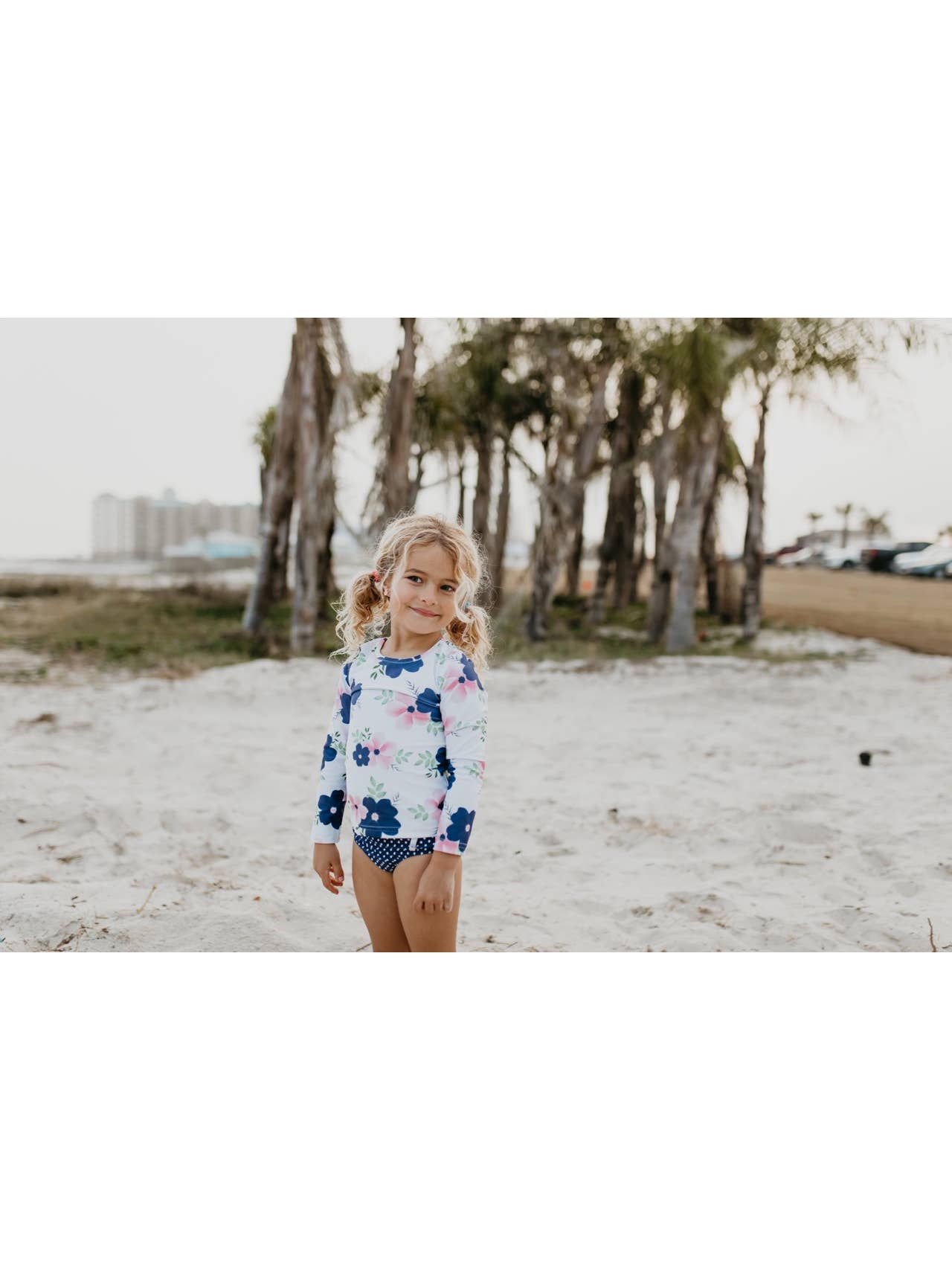 Navy Pink Floral Long-Sleeve Rash Guard Two-piece Swimsuit