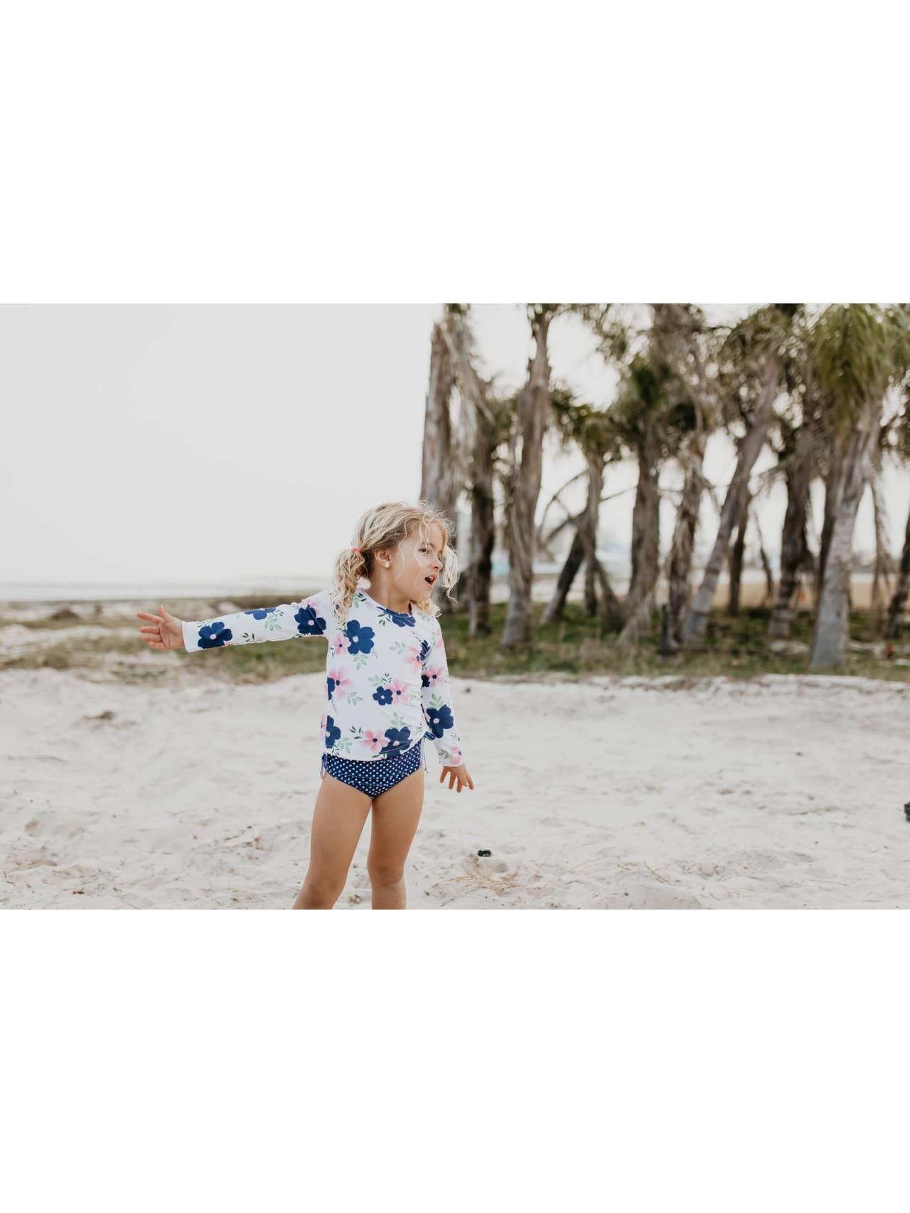 Navy Pink Floral Long-Sleeve Rash Guard Two-piece Swimsuit