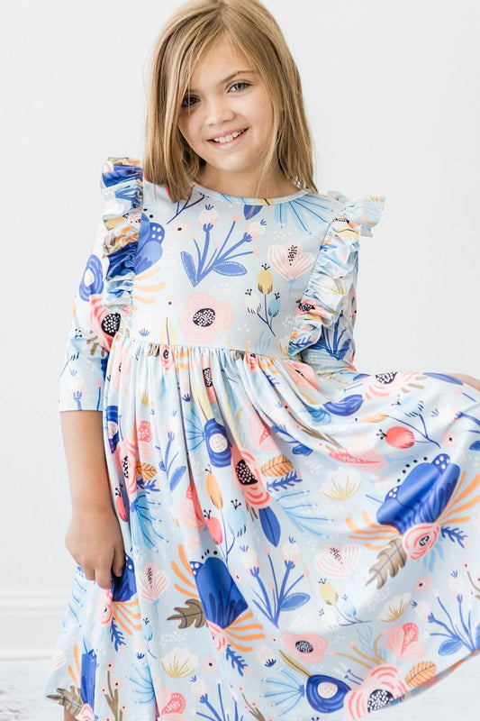 Mila & Rose Blue Peony 3/4 Sleeve Ruffle Twirl Dress