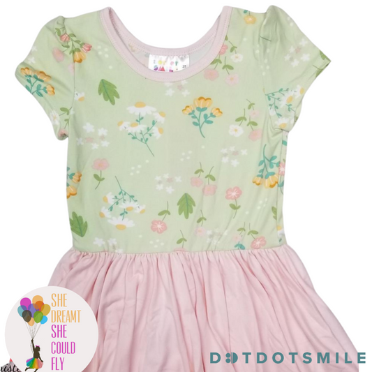 DotDotSmile Pastel Green Floral Colorblock Cap Sleeve Dress