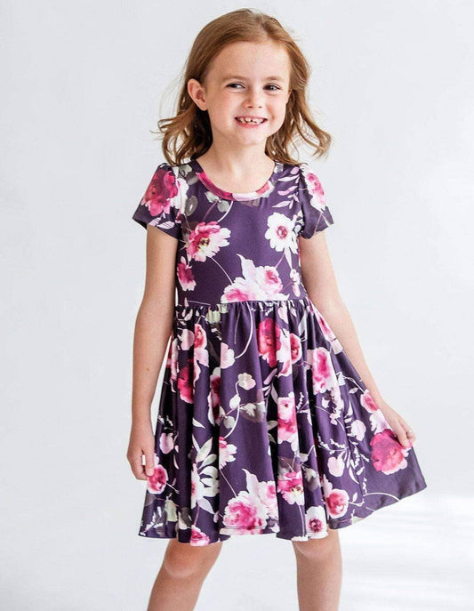 Charlie's Project Purple Peony Short Sleeve Hugs Twirl Dress